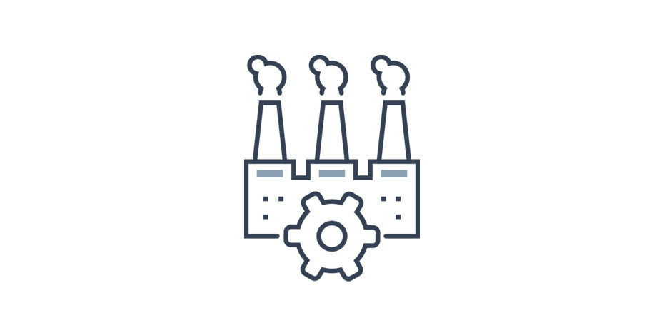 CCI Industrial Constructors - Iconic illustration of an industrial factory with three chimneys emitting smoke, symbolized by mechanical gears representing industrial processes.