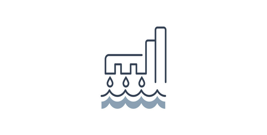 CCI Industrial Constructors - Stylized icon representing a factory with smokestacks and emissions over water, symbolizing industrial pollution.