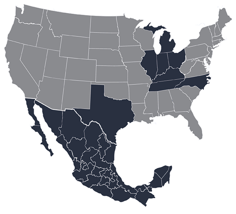 Map of the Unites States and Mexico. Michigan, Ohio, Illinois, Indiana, Kentucky, Tennessee, Texas, North Carolina, and Mexico are dark blue indicating locations CCI Industrial Constructors work.