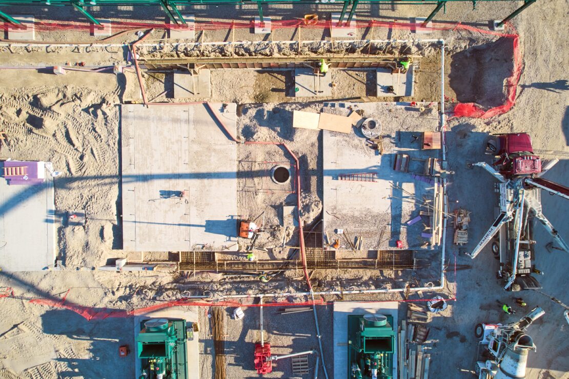 Aerial view of CCI Industrial Constructor's crew pouring a large foundation