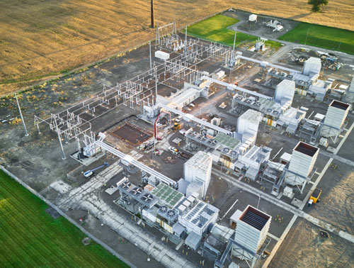 CCI Industrial Constructors - An aerial view of an electrical substation at twilight, showcasing the complex network of transformers, insulators, and power lines, juxtaposed with the surrounding landscape.